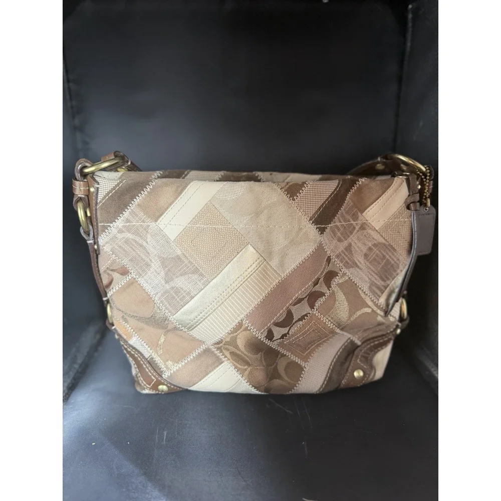 Coach Signature Vintage Y2K Carly Designer Khaki Patchwork Shoulder Bag Purse